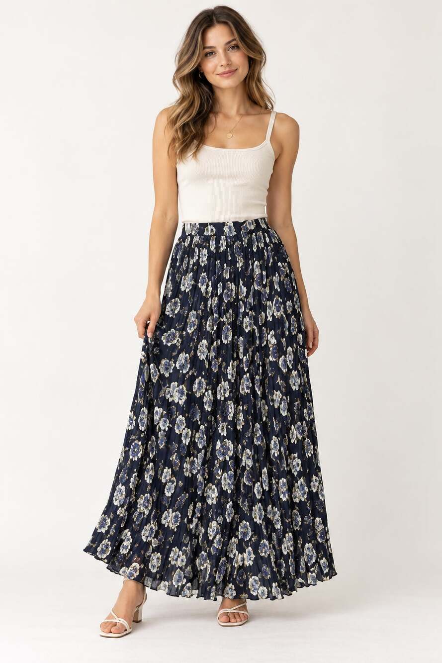 Vintage Blue Floral Crinkle Pleated Maxi Skirt Womens Small Prairie Cottage Core
